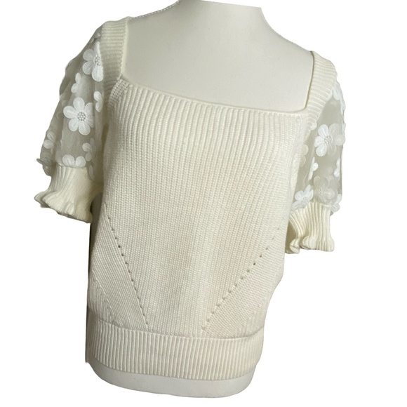 French Connection Cotton Embroidered Flower Puffy Sleeve Sweater. Sz- L - Picture 1 of 16